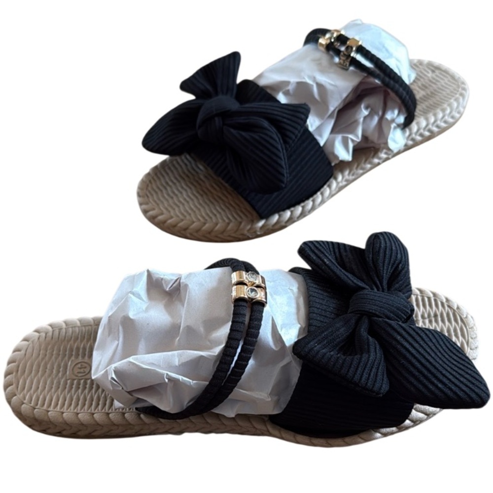WOMENS BLACK BOW SUMMER FLOCK SLIP ON FLAT BEACH OPEN TOE SANDALS SZ 10.5 (41)